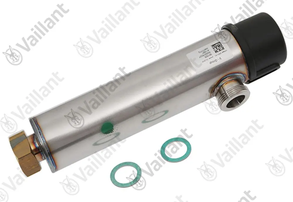 Vaillant Heizkörper, Zusatzheizung in zylindrischer Form mit Metalloberfläche und angebrachten Anschlüssen. Enthält Gummidichtungen.